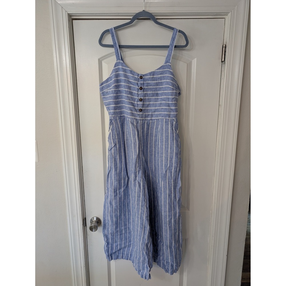 C&C California Blue White Striped 100% Linen Wide Leg Jumpsuit Womens 14 Smocked